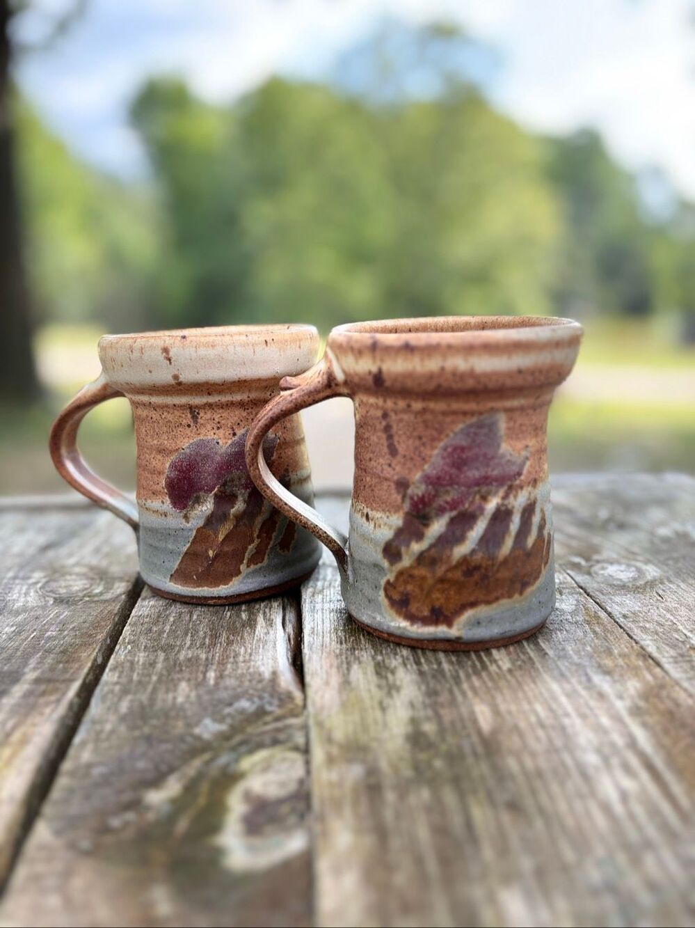 Studio Pottery Mug Set Stoneware Drip Glaze Brown Blue Rustic Boho Handmade 12oz
